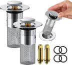 Juego de 2 tapones de lavabo con recogepelos, filtro de drenaje pop-up de acero inoxidable con cesta de filtro extraíble