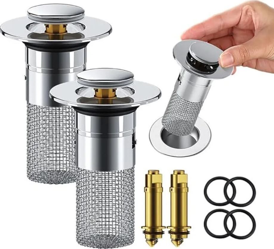 Set di 2 tappi per lavabo con raccoglicapelli, filtro di scarico pop-up in acciaio inox con cestello filtro rimovibile