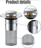 Juego de 2 tapones de lavabo con recogepelos, filtro de drenaje pop-up de acero inoxidable con cesta de filtro extraíble