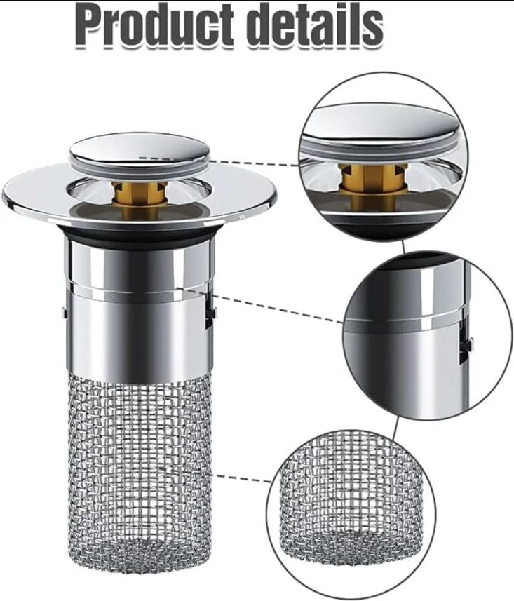 Juego de 2 tapones de lavabo con recogepelos, filtro de drenaje pop-up de acero inoxidable con cesta de filtro extraíble