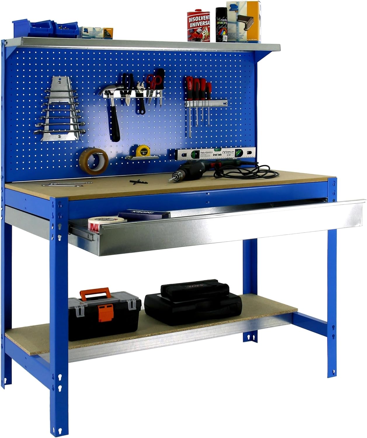 Banco da lavoro per officina, capacità di carico 600 kg, 1445x1210x610 mm, Pannello Forato, Ripiano per cassetti, Tavolo da lavoro fai da te, Blu/Legno - BT3