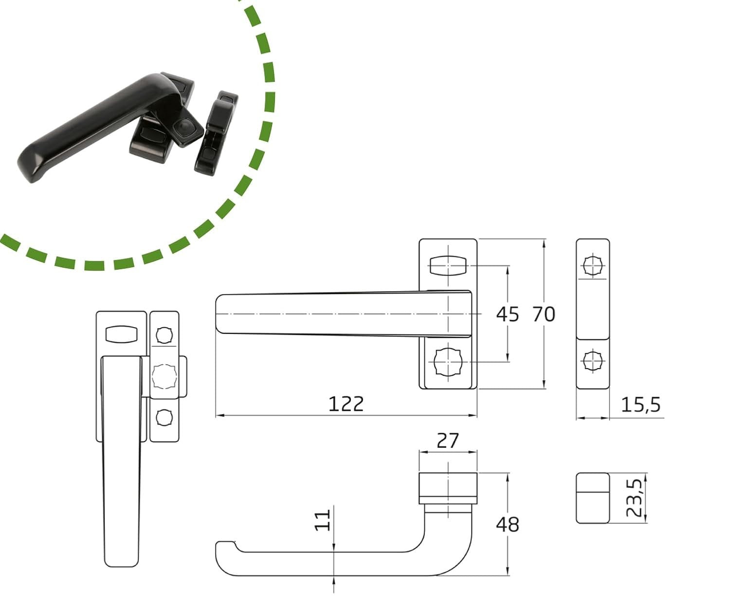 Maniglia di bloccaggio per porte e finestre mod. GAMMA - 122 x 70 mm - Rosetta - Sinistra - Porte interne e finestre - Senza Quadriletto - Alluminio Nero