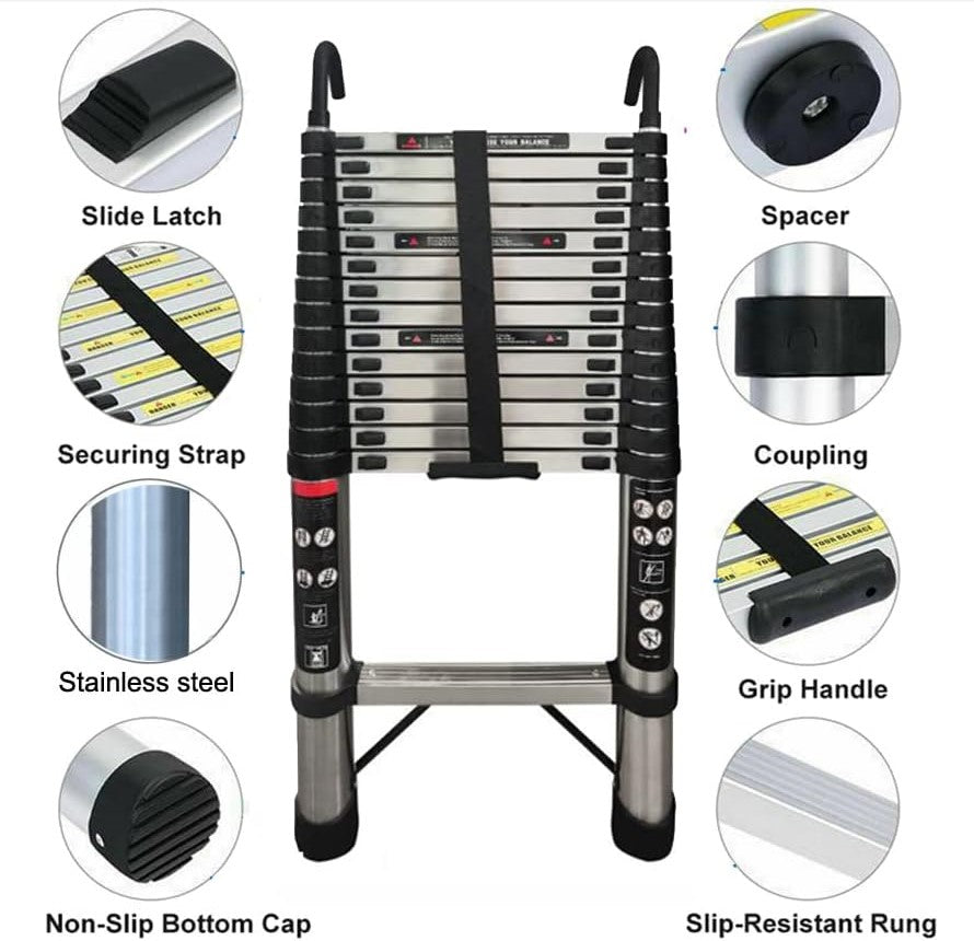 Scala Telescopica in Acciaio inossidabile da 5 m, antiscivolo, Scala Allungabile con 2 Ganci, 13 pioli, Scala multifunzione, facile da trasportare, portata 150 kg, EN131