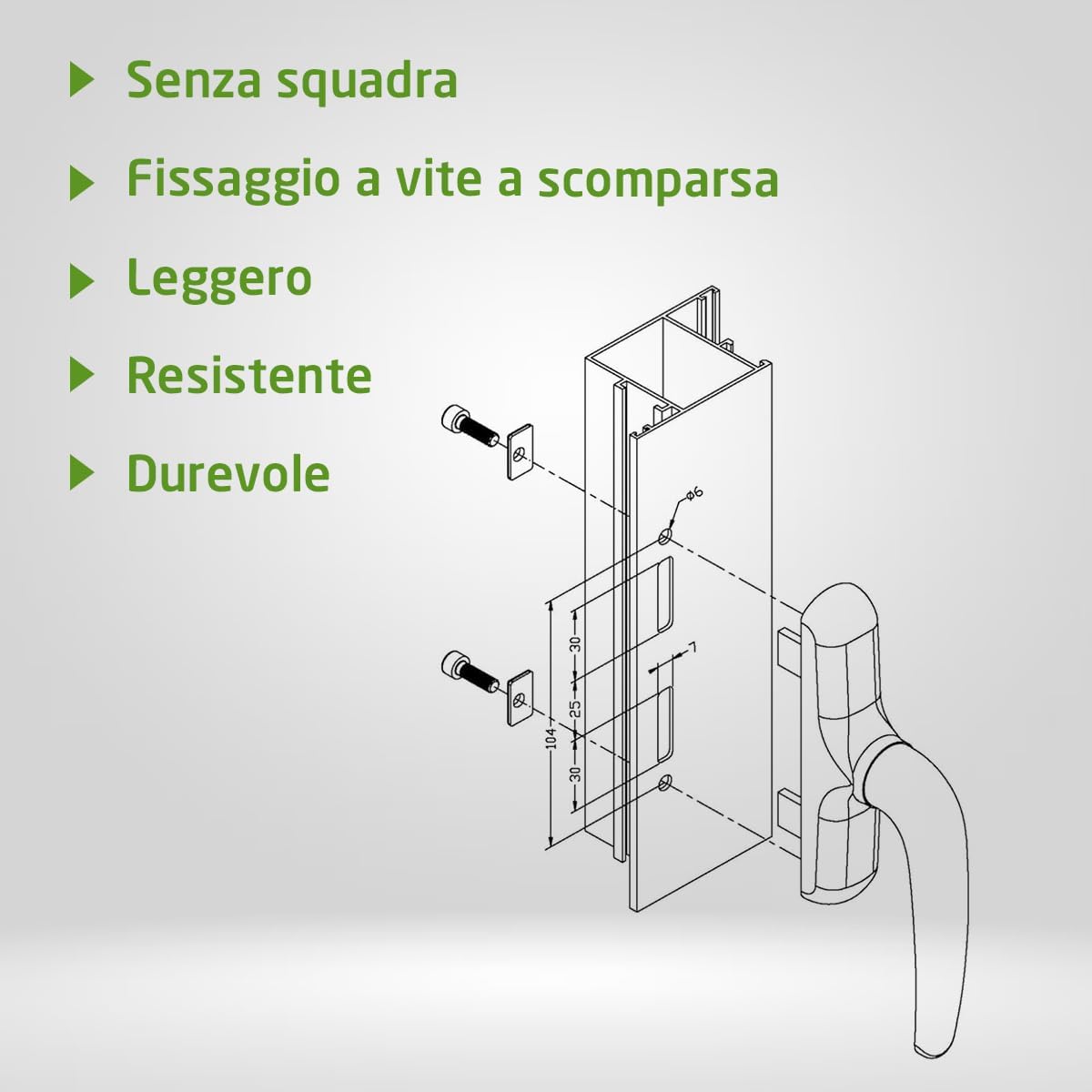 Maniglia per finestre apribili lateralmente - Base in alluminio - Copertura in PVC - Colore nero - Viti nascoste - 172 x 27 x 59 mm - Senza quadrante