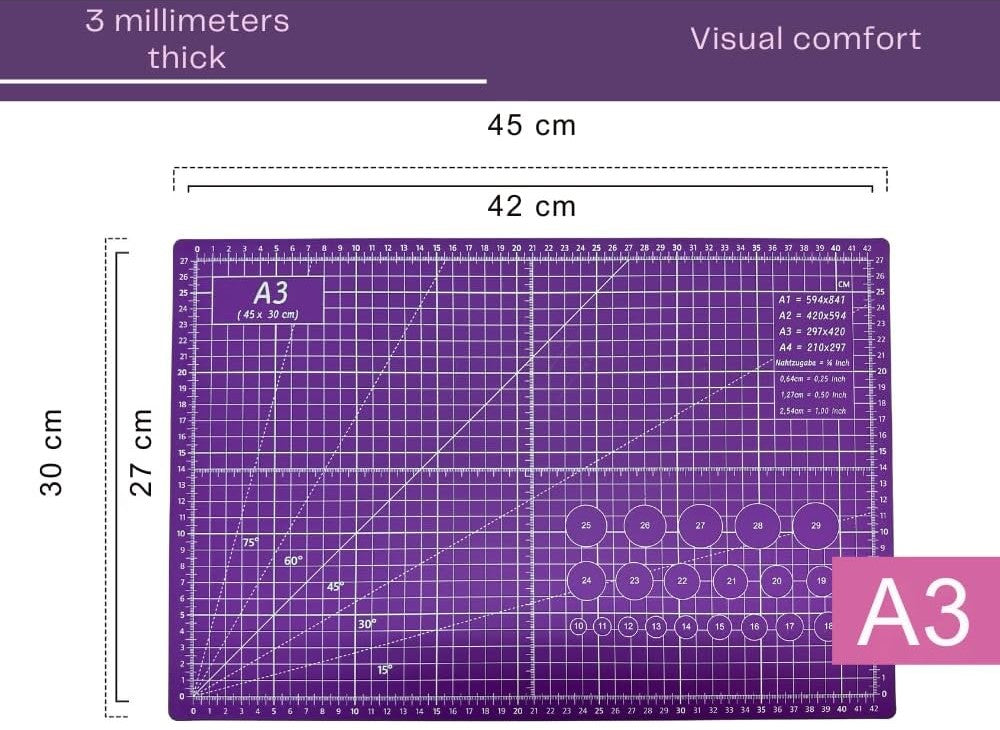 Professional Cutting Mat A3 Pink and Lilac Perfect for Patchwork, Sewing and Crafts Self-Healing 45x30 cm