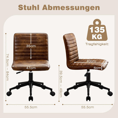 Bürostuhl Schreibtischstuhl Ergonomischer PU Leder Drehstuhl ohne Armlehnen Höhenverstellbarer Homeoffice Stuhl