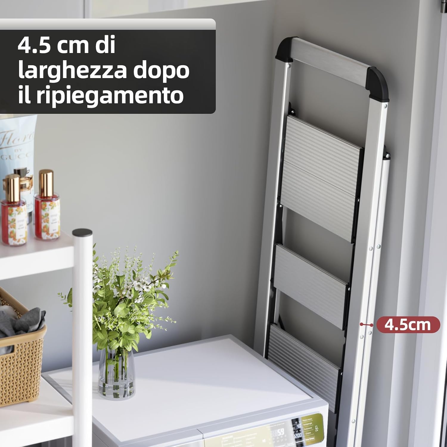 Scaletta 5 Gradini Pieghevole in Alluminio Leggera con Corrimano, Blocco di Sicurezza, Pedali Antiscivolo, Scala per Cucina Garage Casa