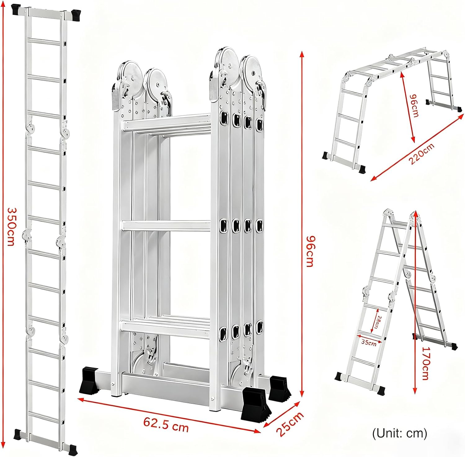 Scala multiuso 4x3, scala pieghevole in alluminio 7 in 1 con 2 ruote, scala multiuso per uso domestico a 12 gradini, portata massima