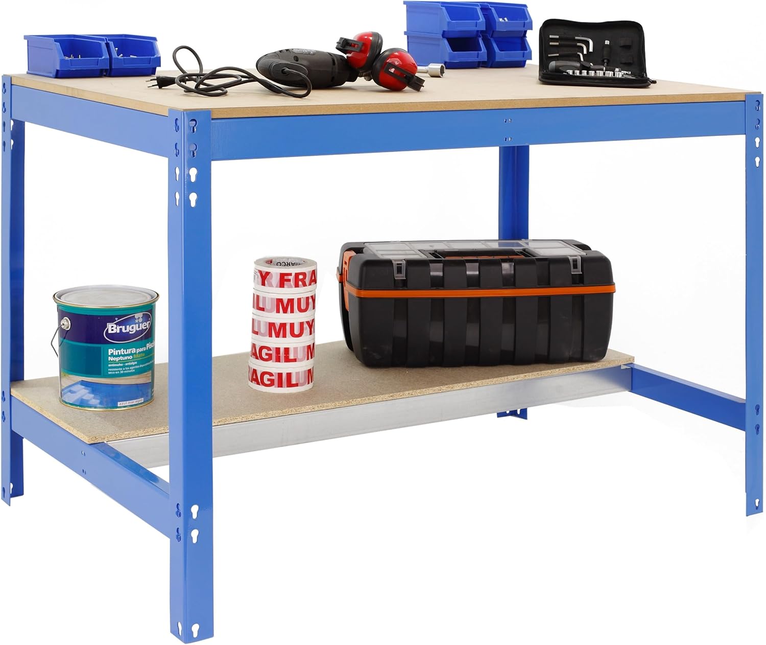 Banco da lavoro per officina, capacità di carico 400 kg, 842x910x610 mm, tavolo da lavoro fai da te, Blu/Legno - BT0