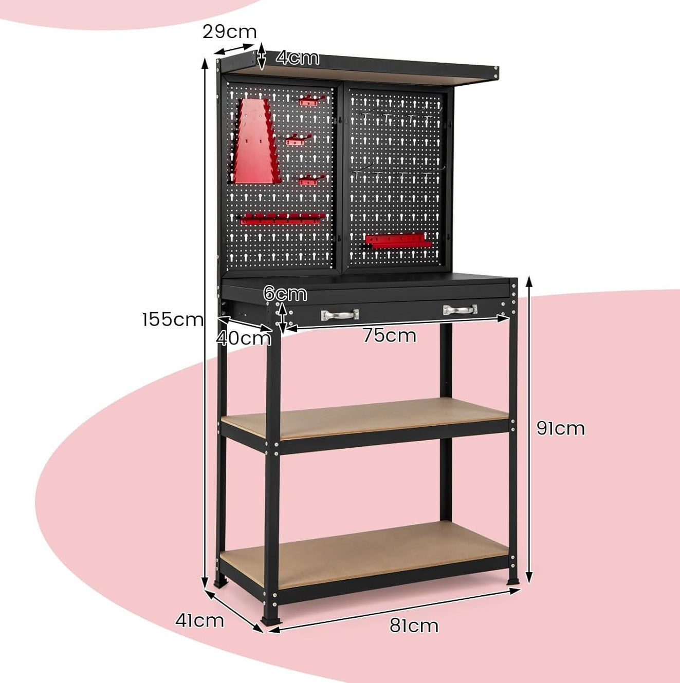 Banco da Lavoro, Organizer per Attrezzi in Metallo con 2 Pannelli Perforati con Kit di 14 Ganci, Cassetti e 2 Ripiani, Banchi da lavoro per Officina, Garage