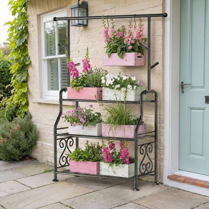 3-Tier Tall Metal Plant Stand Indoor Outdoor | Durable Plant Shelf with 5 Hooks | Large Pot Holder for Balcony Garden Patio
