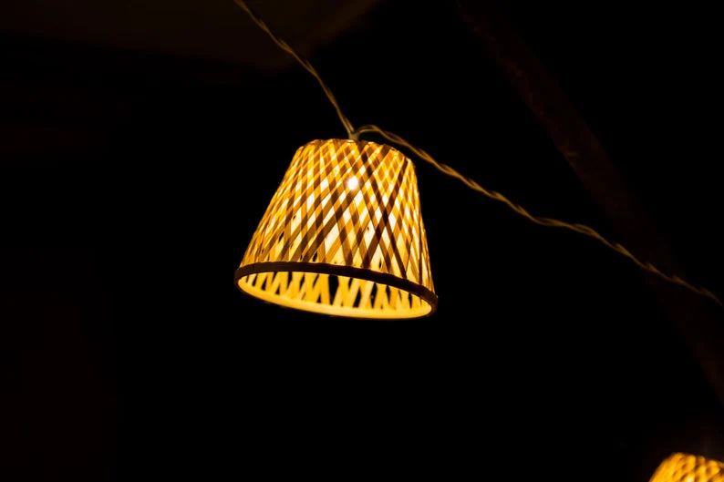 Outdoor LED string lights with 16 bamboo shades, 4.5m long. Plug and transformer are included.